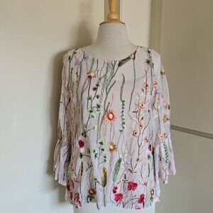Cynthia Rowley Nude Sheer Embroidered Floral Blouse Romantic Whimsical, NWOT, L